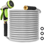 Metal Garden Hose 50ft Stainless Steel Hose Heavy Duty Flexible Water Hose with 10 Way Spray Nozzle Durable 3/4 Solid Brass Fittings-Outdoor Yard Lightweight No Kink Collapsible Water Pipe by Svansea