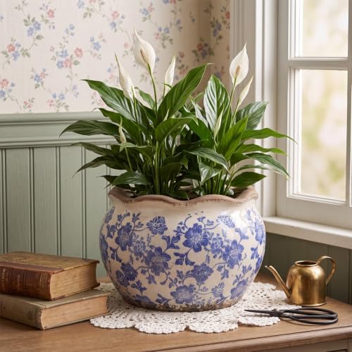 Geetery Ceramic Planter Pot 9.6 Inch Round Plant Pot,Chinoiserie,Blue,Med - Image 4