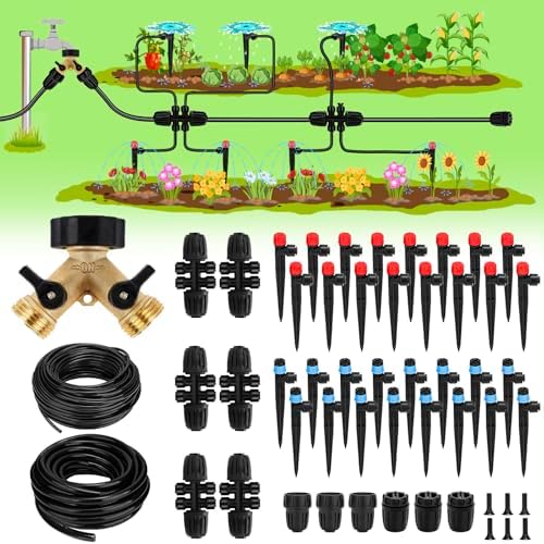 250FT Drip Irrigation System for Garden - 50FT 1/2" Main Tube & 200FT 1/4" Branch Tubing, Brass Splitter, Quick Connect Design, Perfect for Outdoor Plants, Raised Beds, Greenhouses by Landtouch