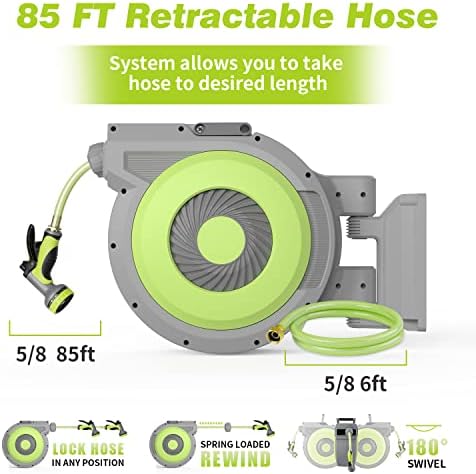 5/8" x 85 ft Retractable Garden Hose Reel, Wall Mount Retractable Water Hose with 10 Pattern Hose Nozzle, Any Length Lock/180° Swivel Automatic Hose Reels for Outside Garden Watering - Image 2