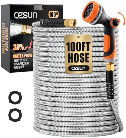 Cesun 100 ft Metal Garden Hose with 10 Function Nozzle, 100 foot x 5/8" by Cesun