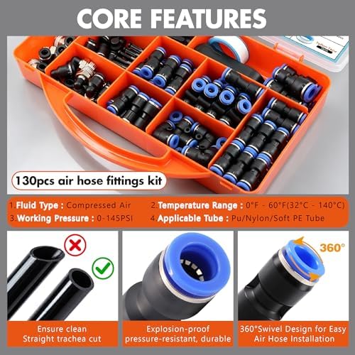 130PCS 1/4" OD Quick Connect Air Fittings Kit Push to Connect Pneumatic NPT - Image 4