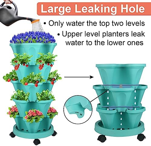 DUNCHATY Stackable Planter, Vertical Garden Planter with Wheels and Garden Tools, Strawberry Planter Indoor/Outdoor 5 Tier Herb Planter Pots for Growing Vegetables and Succulents,Teal - Image 4