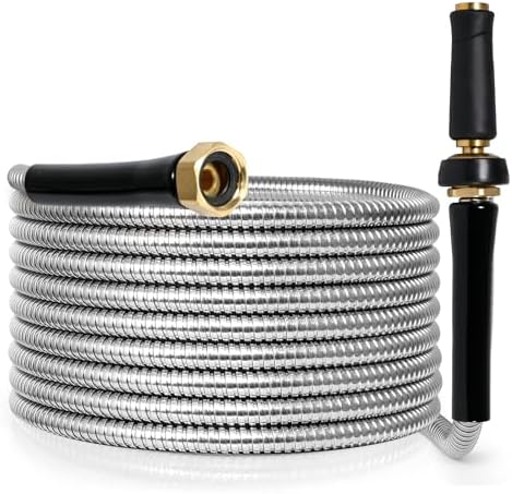 TOOLCY 25 FT Metal Water Hose Stainless Steel Garden Hose with Brass Nozzle - Heavy Duty, No Kink, All Weather, Super Flexible Garden Hoses for Outdoor, Lawn by TOOLCY