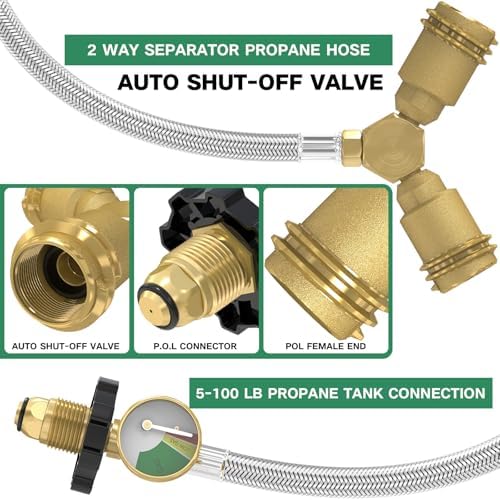 12FT Propane Hose with Propane Splitter 2 Way POL Tank Connector, Propane Y Splitter Adapter with Shut Off Valve, 2-Way LP Gas Adapter Tee Connector for 100lb Propane Tank,Heater,Camping Stove,Burner - Image 2