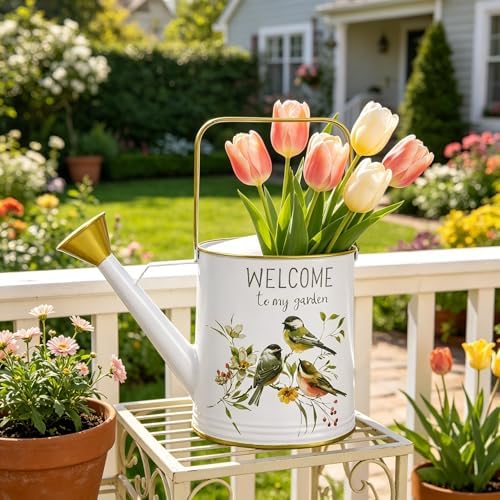Vintage Decorative Metal Watering Can - Welcome to My Garden with Charming Bird & Floral Design, Rustic Farmhouse Watering Pot Planter for Indoor/Outdoor Plant Care by Unknown