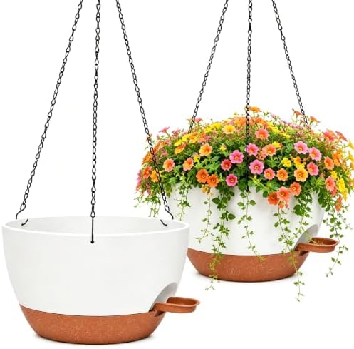 12" Self Watering Hanging Planters with Chains, White Brown, 2 Pack by zople