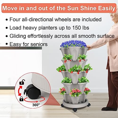 DUNCHATY Stackable Planter, Vertical Garden Planter with Wheels and Garden Tools, Strawberry Planter Indoor/Outdoor 5 Tier Herb Planter Pots for Growing Vegetables and Succulents,Gray - Image 5