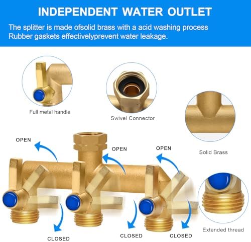 Brass Garden Hose Splitter, 3 Way Hose Splitter, Outdoor Hose Splitter, GHT 3/4 in. Female Inlet and 3 Way 3/4 in. Male Outlet for Regulating and Shutting Off Water Flow - Image 4