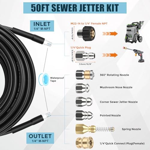 Sewer Jetter Kit for Pressure Washer, 50FT 5800PSI Drain Jetter Hose Kit - Image 2
