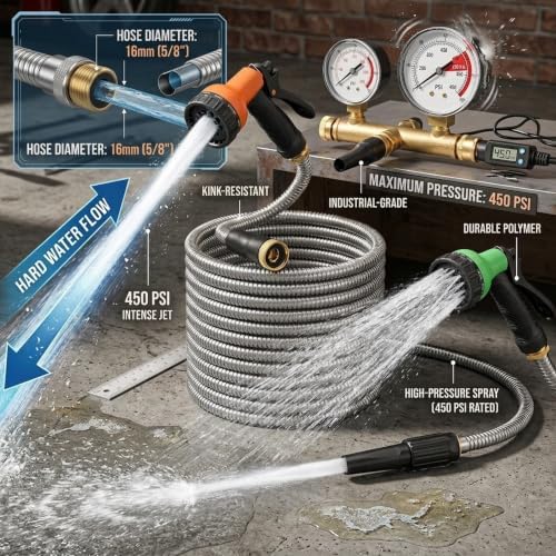 100FT Metal Garden Hose 304 Stainless Steel, with 2 Multi-Function Spray Nozzles, 1Pc Precision Twist Nozzle, Solid Brass Fittings, Flexible No-Kink Design- 450PSI with 16mm Dia Hose - Image 4