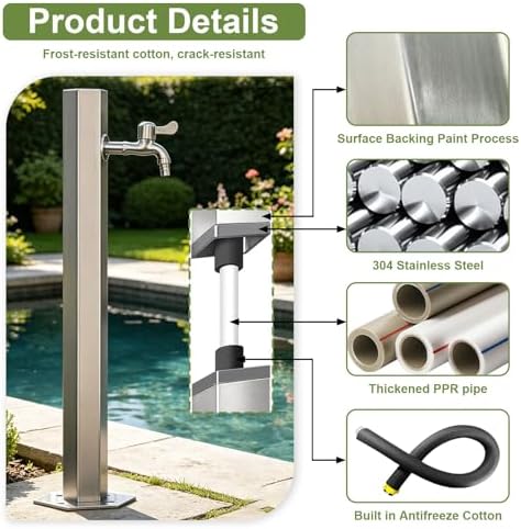 304 Stainless Steel Outdoor Vertical Garden Water Column, Freestanding Hose Stand with Faucet, Outside Standing Water Tap Yard Hydrant for Irrigation Washing(Short Height:50cm/19.7in) - Image 3