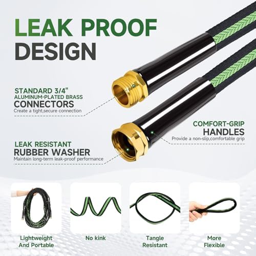 Garden Hose 75 ft Flexible Water Hoses Non-Expanding Lightweight Portable No Kink High Pressure Flat Fabric 3/4” fittings Leak-proof Durable Pipe for Outdoor Outside Yard Lawn Patio Watering Car Wash - Image 3