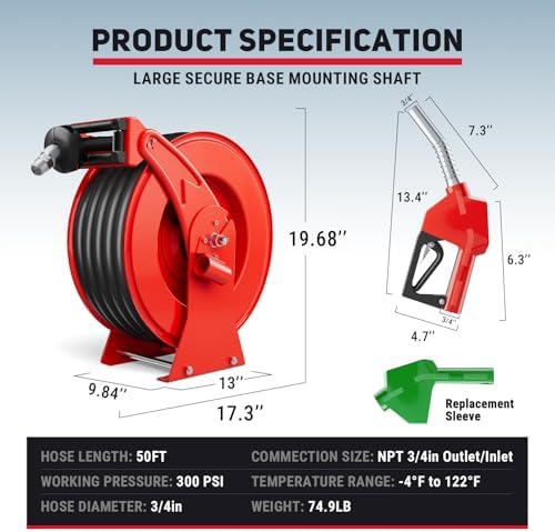 Fuel Hose Reel 3/4" x 50FT, Retractable Diesel Reel with Nozzle - Image 2