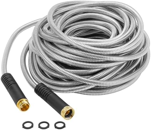 UNICRAFTALE 74Ft/22.5m Metal Garden Hose Kink-Free Compact Coil Lightweight Steel Aluminum Fitting Short Leader with 3/4" Ring Steel Garden Hose for Balcony Patio Car Wash by UNICRAFTALE