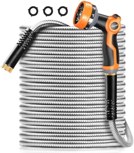 Omont Metal Garden Hose 100FT, Stainless Steel Water Hose with Nozzle, Flexible, Lightweight, Puncture Proof, Never Kink & Tangle, Heavy Duty Garden Hose for Yard and Outdoor by Omont