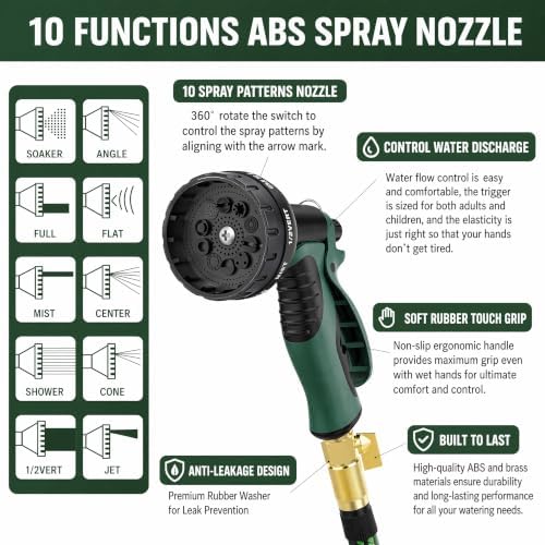 50 FT Garden Hose - Heavy Duty Non-Expandable Water Hose with 10-Function Nozzle, Kink-Free & Leak-Proof Flexible Yard Hose for Lawn and Car Washing（50FT) - Image 3