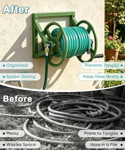 Artigarden Garden Hose Reel Wall Mounted, Outdoor Heavy Duty Powder Coated Metal Water Hoses Holder Winder Holds 125 ft 5/8" Hoses with 3.9ft Leader Hose, Stainless Steel Connector for Outside, Green - Image 6