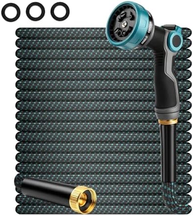50FT Non-Expandable Garden Hose, Lightweight Kink-Free Water Hose with 10-Pattern Spray Nozzle, 3/4" Brass Connectors, Leak-Proof Abrasion Resistant Flexible Hose for Lawn, Yard, Car Washing by HmiL-U