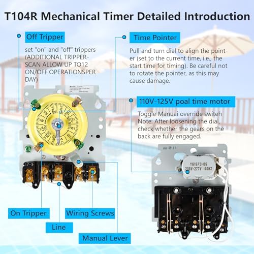 T104R Mechanical Timer Switch,208-277V AC DPST 40A,Pool Pump Switch,Heavy Duty Pool Timers Outdoor,Timer for Lights HVAC Systems,24 Hour 12 ON/Off for Pump, 6 Years Warranty - Image 3