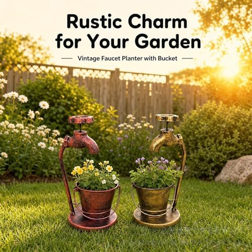 Rustic Faucet‑Shaped Metal Planter, Vintage Bucket Plant Pot, Detachable Multi‑Purpose Succulent Planter Desktop Decor Entryway Yard Decor,Red Copper - Image 4