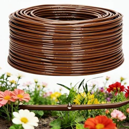 1/4" Drip Irrigation Tubing with 6" Emitter Spacing, (650 Ft Roll) Hydroponics Dripline with Built-in 0.5 GPH Dripper, Saving 80% Water, Drip Line for Garden Irrigation and Raised Beds (Brown) by Vikua