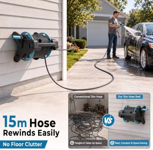 Wall-Mounted Garden Hose Reel, 100ft Retractable Water Pipe with 10-Pattern Spray Nozzle, Heavy-Duty PVC Resist-Kink Hose for Lawn, Car Wash, Gardening, All-in-One Kit 15M - Image 5