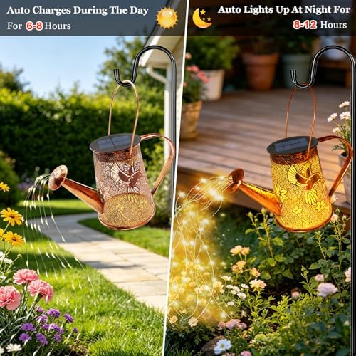 VOOKRY Solar Lights Outdoor Decoration, Large Retro Hanging Metal Solar Watering Can Lights Waterproof Hummingbird Garden Decor Outside for Yard Lawn Patio Porch, Birthday Gifts for Women Mom Grandma - Image 5
