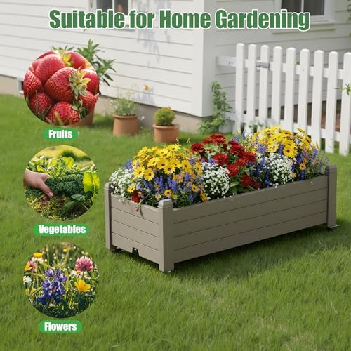 Raised Garden Bed with Wheels Outdoor, Resin Planter Box with Drain Hole and Water Level Detector for Backyard, Patio, Balcony, Gray(13.3" H) - Image 5