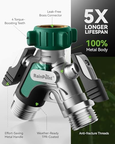 RAINPOINT Garden Hose Splitter 2 Way, All Metal Heavy Duty Water Hose Y Splitter With 2.05" Extra Long Side Handle & Shut Off Valves, 3/4 Inch GHT Thread Connector For Spigot Faucet (Dark Green,2) - Image 3