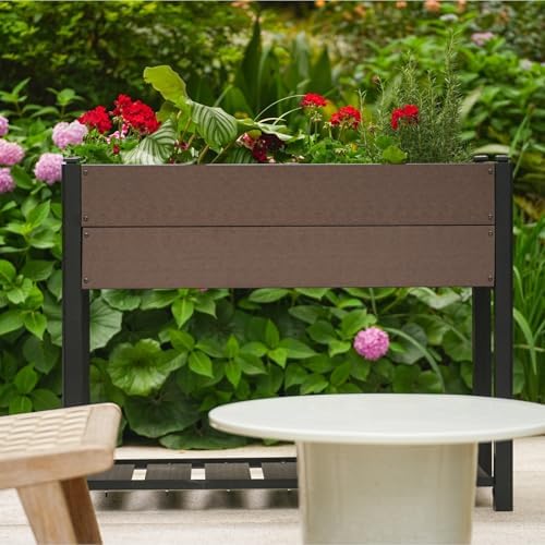 IDEALHOUSE 42.72"x19.49"x33.46" Raised Garden Bed, HDPE Elevated Planter Box with Sturdy Aluminum Frame, Wood Grain Outdoor Planter with Storage Shelf for Patio, Balcony, Lawn - Image 7