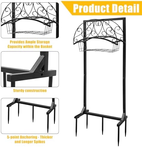 Garden Water Hose Holder - Waterhose Stand for Outside Freestanding, Heavy Duty 5-Spikes Free Standing Hose Hanger Rack Organizer with Storage Basket Holds 160ft Water Pipe for Yard Lawn - Image 4