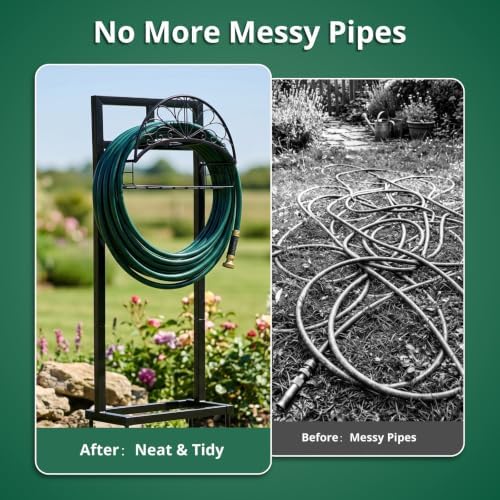 Garden Hose Holder Stand, Black Steel Heavy Duty Freestanding Water Hose Storage Rack with 4 Reinforced Anchor Spikes and Storage Basket Waterproof Stable Organizer for Yard Lawn Garden Farm - Image 5