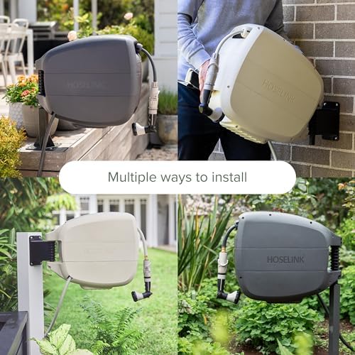 HOSELINK Evolve 90ft Hi-Flow Beige Retractable Garden Hose Reel, NEW Heavy Duty, Automatic Rewind, Lock Anywhere, 180 Degree Swivel, Wall Mounted Watering Solution for yard and outdoors (90ft Hi-Flow) - Image 5