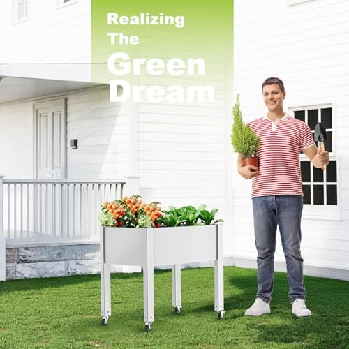 Raised Garden Bed with Legs, 28.9" Tall Elevated Garden Bed with Wheels, Drain Plug & Water Monitor Design, Outdoor Planter Box for Plants Vegetables Flowers Fruits(Ashen) - Image 4