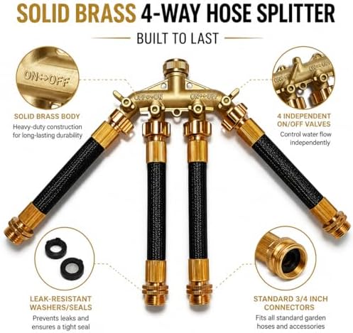 4 Way Brass Hose Splitter 3/4 inch Garden Hose Connector Outdoor Faucet Splitter With Shut off Valves Hose Extensions Lawn Irrigation Watering Adapter Yard Cleaning Garden Hose Adapter - Image 2