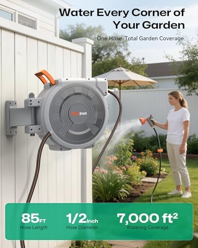 Retractable Garden Hose Reel 85 ft x 1/2 inch, Heavy Duty Automatic Garden Hose Reels, High-Flow, Any Length Lock, 180° Swivel Bracket, Brass Fitting, Wall Mount Water Hose Reel for Outside - Image 4