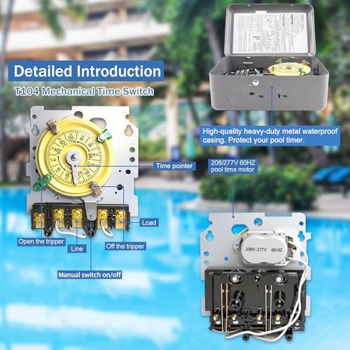 T104 Mechanical Timer Switch, 208–277 VAC 40 Amp,Pool Pump Switch, 24 Hour 12 ON/Off for Pump, Heavy Duty Pool Timers, Timer for Lights HVAC Systems, 5 Years Warranty - Image 2