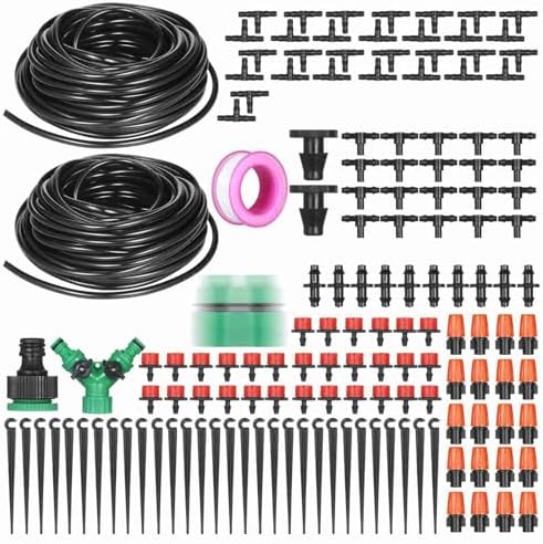 Drip Irrigation Kit, 1/4" PE Garden Watering System with Adjustable Nozzles & Timer Controller, Automatic Watering Kit for Greenhouse Patio Potted Vegetable Plants (30m Tube) by TianfuSpanda