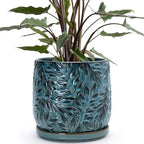 D'vine Dev Embossed Leaves Ceramic Planter, 8 in, Ocean Teal, 27-A-Q-8 by DvineDevPlanterPotsandStand