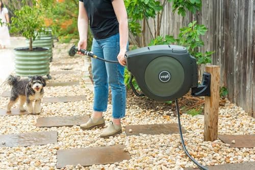 Vego Garden Hose Reel Retractable 1/2" x 100ft Wall Mounted Hose Reel Automatic Rewind, Any Length Lock with 9 Patterns Sprayer Nozzle, Quick Connector and Adjustable shot Nozzle - Image 4