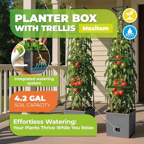 Bio Green 2 Pack Garden Tomato Planter MAXITOM, with Plant Support Trellis 59 inch and Self Watering, 4,2 Gal Planter Box for Climbing Vegetables Plants, Gray - Image 2