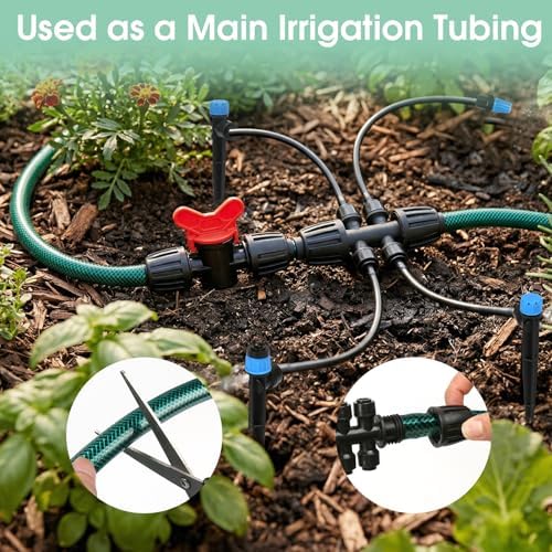 Garden Irrigation Tubing, 75ft 1/2" Tubing with 4 x 6-Way Connectors for 1/4" Hose, Flexible Distribution Drip System for Garden Greenhouse, Flower Beds, Patio, Lawn (75ft) - Image 2