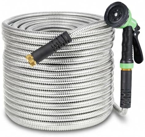 Jojoka Heavy Duty Stainless Steel Garden Hose 25FT, Flexible Kink-Free Metal Water Hose with 10-Function Spray Nozzle and Solid Brass 3/4'' Connectors, Leak-Proof US Standard for Garden, Lawn by Jojoka