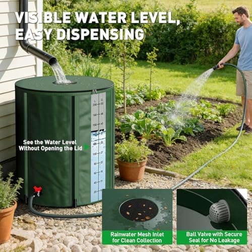 Yesker Collapsible Rain Barrel, 53 Gallon Portable Rainwater Collection System, 550D PVC Water Storage Tank, Rain Catcher with Spigots Filter Overflow Kit, Green - Image 2