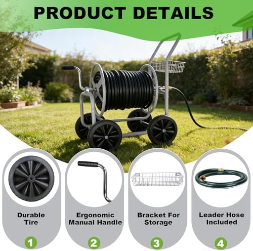 Hose Reel Cart, Garden Hose Reel Cart Holds Up to 250 ft of 5/8" Hose, Heavy Duty Water Hose Cart with 4 Wheels, Powder Coated Steel Garden Hose Storage Organizer with Storage Basket for Yard Lawn - Image 3