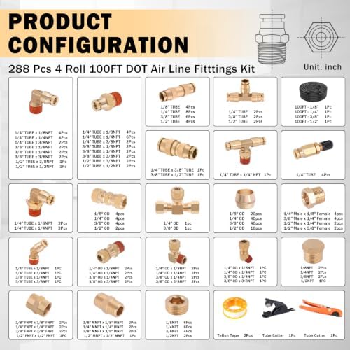 CheeMuii 288PCS Brass DOT Air Line Fittings with 4 Roll 100FT DOT Air Lines - Image 2