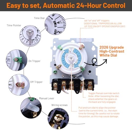 2026 Upgraded T104M Pool Timer Mechanism Only, 208-277V 40A DPST, 24-Hour Heavy-Duty Timer Switch for Pool Pumps/Lights/Water Heater/HVAC,High-Contrast White Dial, 4 Pairs of Trippers Included - Image 4