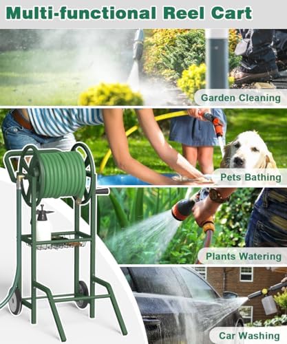 Artigarden Hose Reel Cart with 2 Wheels, Garden Water Hose Holder Heavy Duty Powder Coated Steel Outdoor Winder Storage Holds 125 ft 5/8" Hoses with Basket and 3.9ft Leader Hose for Backyard, Green - Image 7
