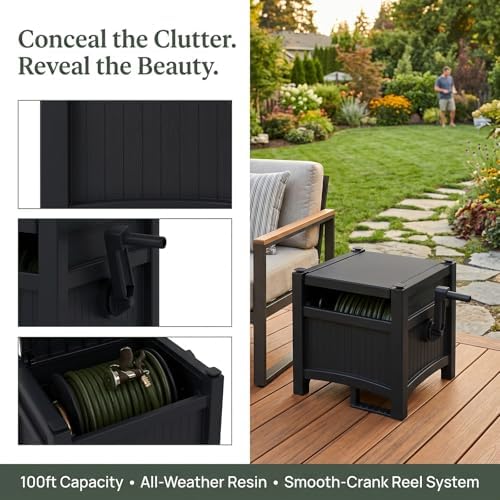 Garden Hose Reel Hideaway Storage Box，Resin Outdoor Container，Outdoor Garden Hose Reel Storage，Garden Hose Holder & Hose Reel for 100FT 5/8 Inch Water Line，No Assembly Required - Image 3